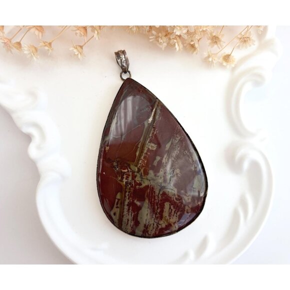 Kaleidescope Burgundy Jasper Teardrop Shaped Sterling Silver Vintage Pendant - Picture 1 of 11
